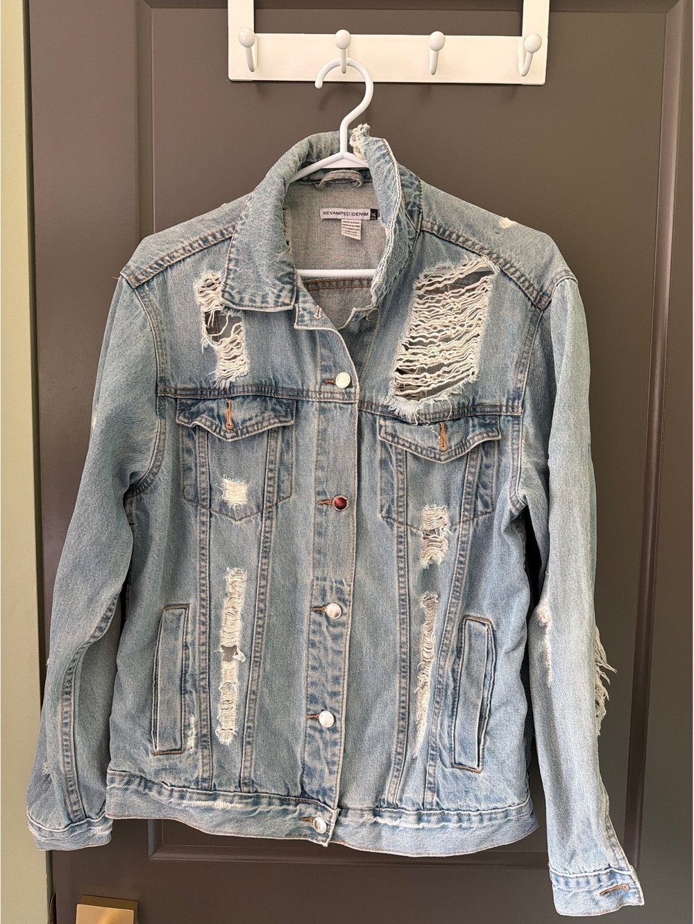 Revamped Denim YG Womens L Distressed Ripped Denim Jacket Light Wash Y2K Grunge